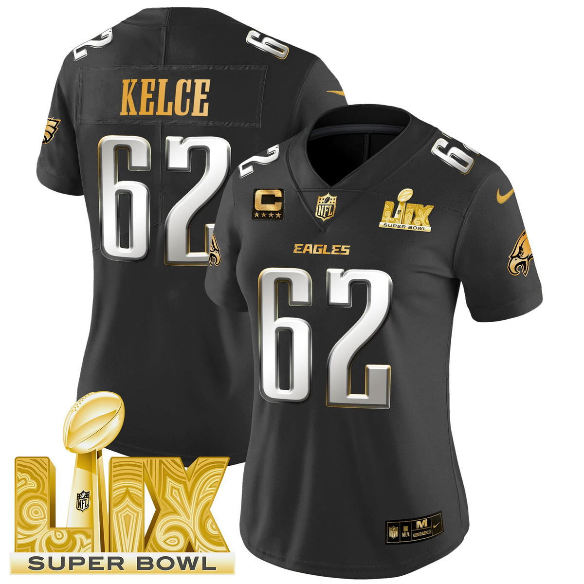 Women's Philadelphia Eagles Super Bowl LIX Patch Gold Vapor Limited Jersey - All Stitched