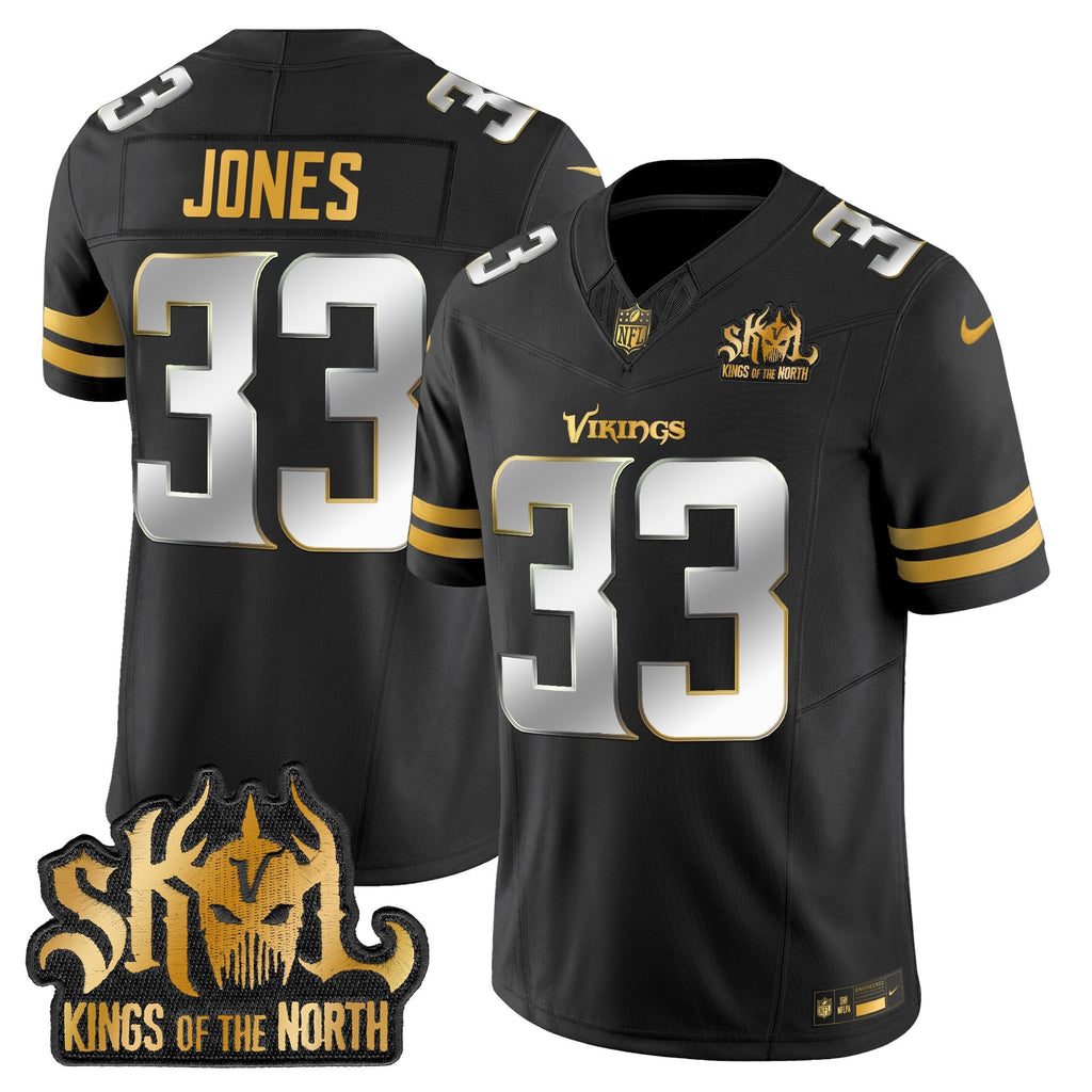 Men's Minnesota Vikings 2025 Gold Vapor Limited Jersey - Kings Of The North Patch - All Stitched