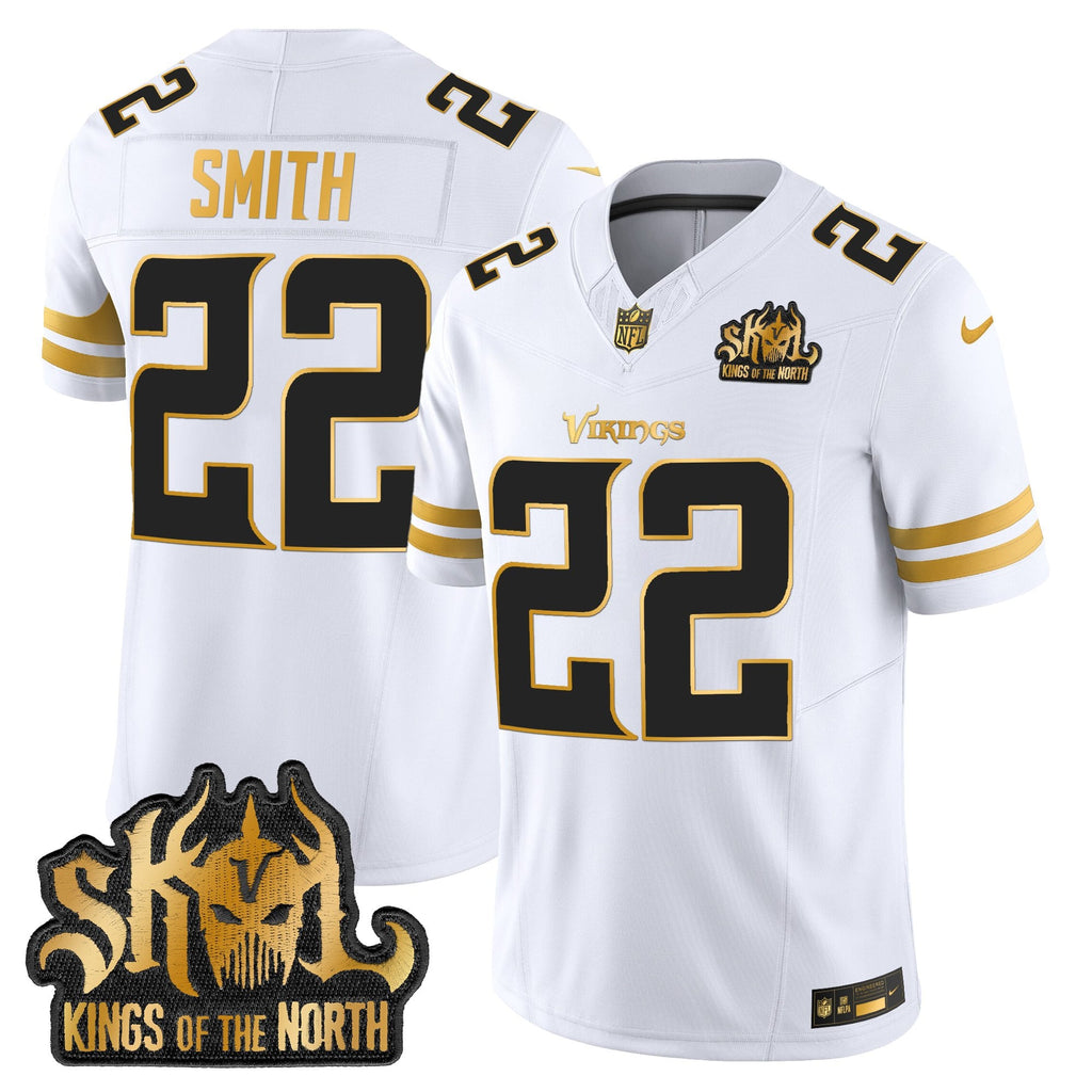 Men's Minnesota Vikings 2025 Gold Vapor Limited Jersey - Kings Of The North Patch - All Stitched