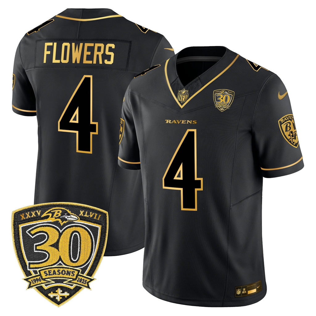 Men's Baltimore Ravens 2025 Gold Vapor Limited Jersey - 30th Anniversary Patch - All Stitched