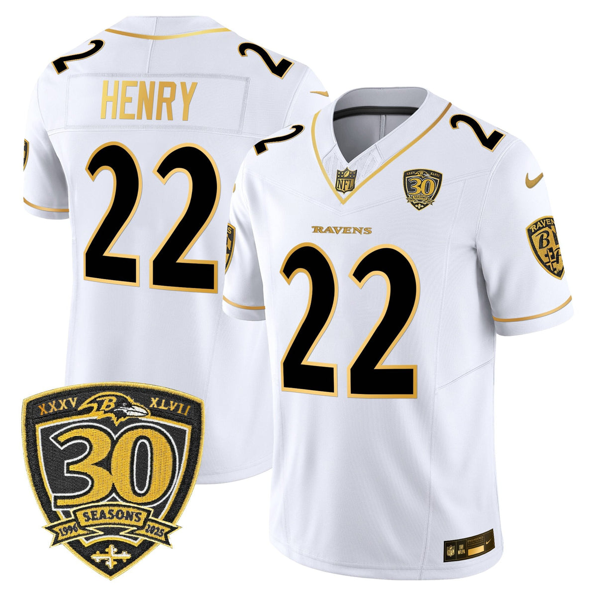 Men's Baltimore Ravens 2025 Gold Vapor Limited Jersey - 30th Anniversary Patch - All Stitched