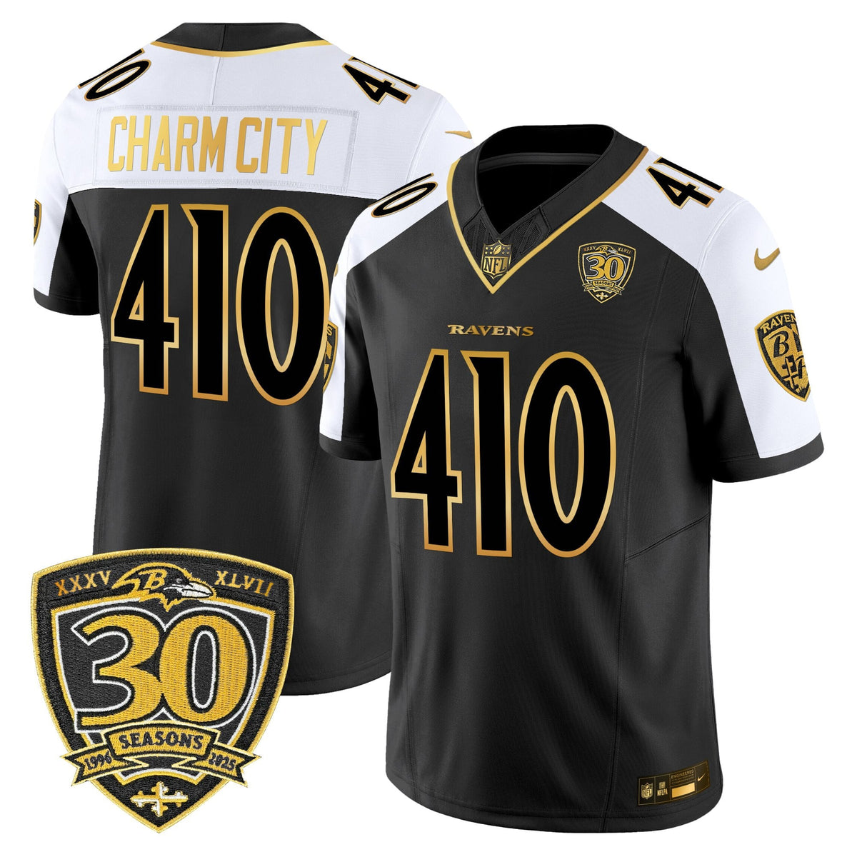 Men's Baltimore Ravens 2025 Gold Vapor Limited Jersey - 30th Anniversary Patch - All Stitched