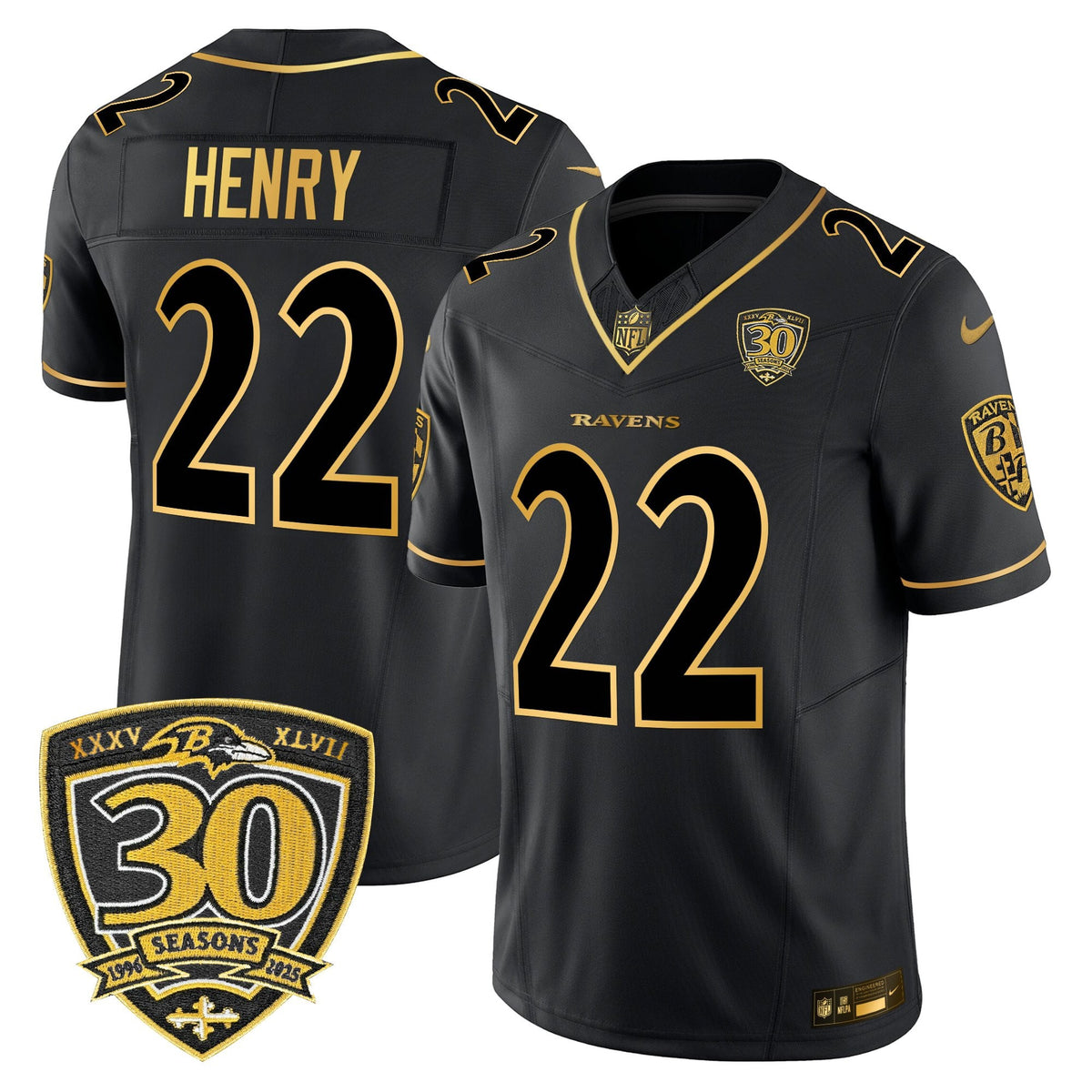 Men's Baltimore Ravens 2025 Gold Vapor Limited Jersey - 30th Anniversary Patch - All Stitched
