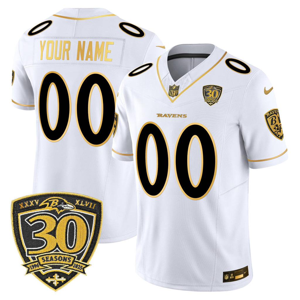 Baltimore Ravens 2025 Gold Vapor Limited Custom Jersey - 30th Anniversary Patch - All Stitched