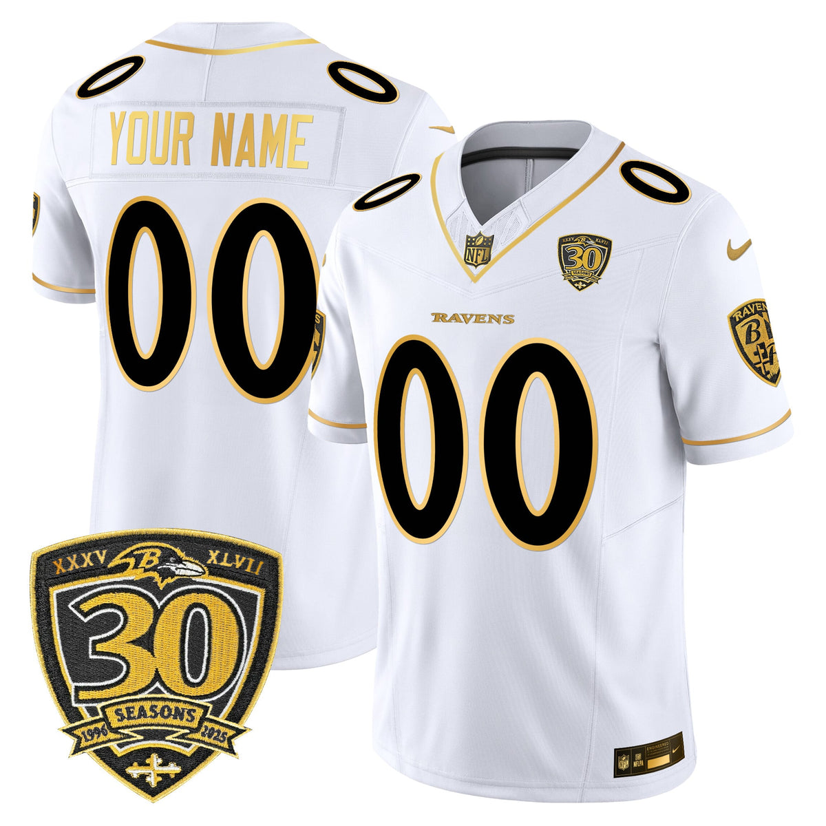 Baltimore Ravens 2025 Gold Vapor Limited Custom Jersey - 30th Anniversary Patch - All Stitched