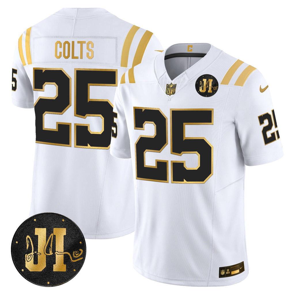 Men's Indianapolis Colts 2025 Jim Irsay Patch Gold Vapor Limited Jersey - All Stitched