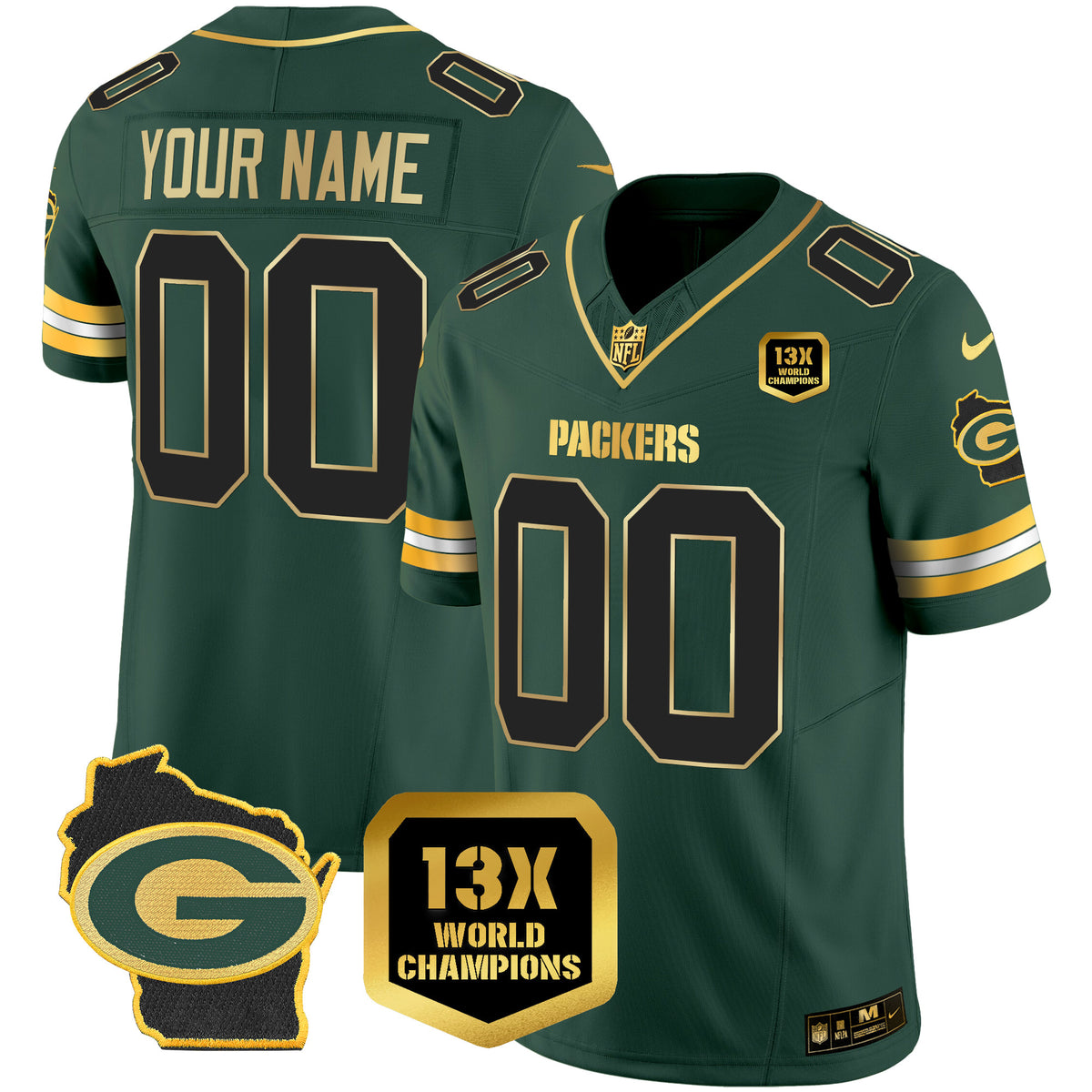 Green Bay Packers 13x Time World Champions Patch Gold Limited Custom Jersey – All Stitched