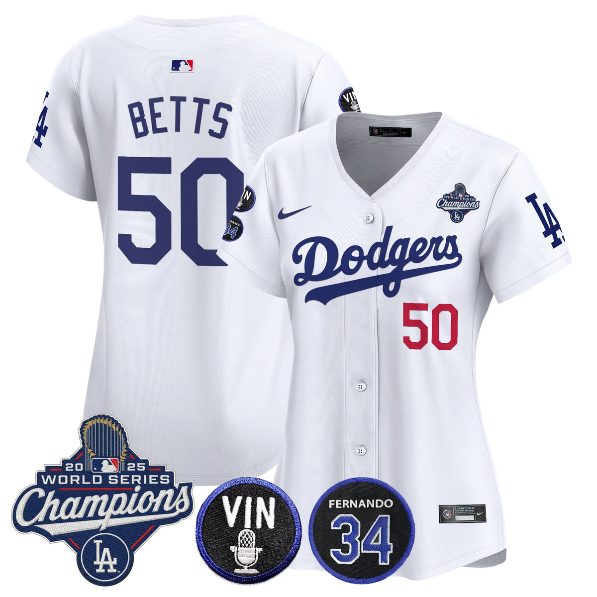 Women's Dodgers 2025 World Series Champions Vapor Premier Limited Jersey - Vin Scully & Fernando Patch - All Stitched