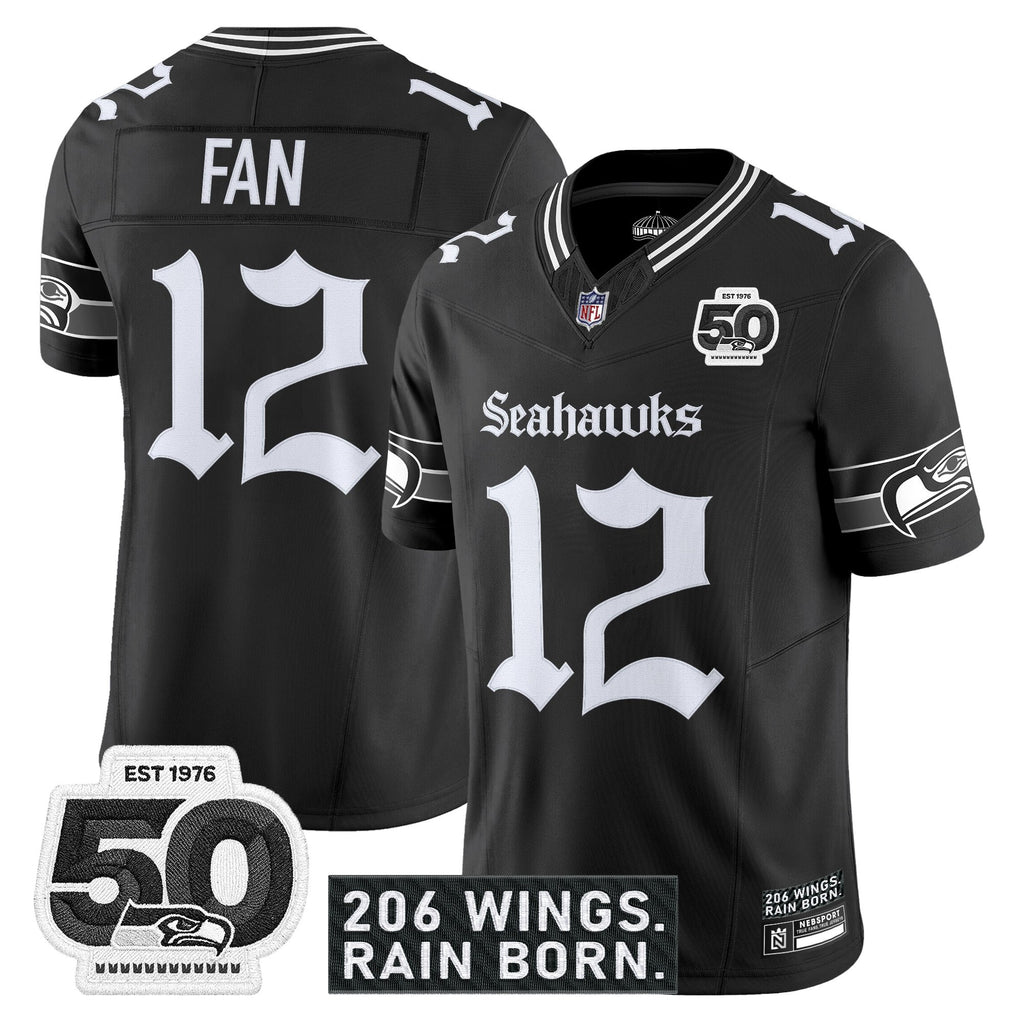 Men's Seattle Seahawks 'Gothic Rain City Shadows Edition' Vapor Jersey - 50th Anniversary Patch - All Stitched
