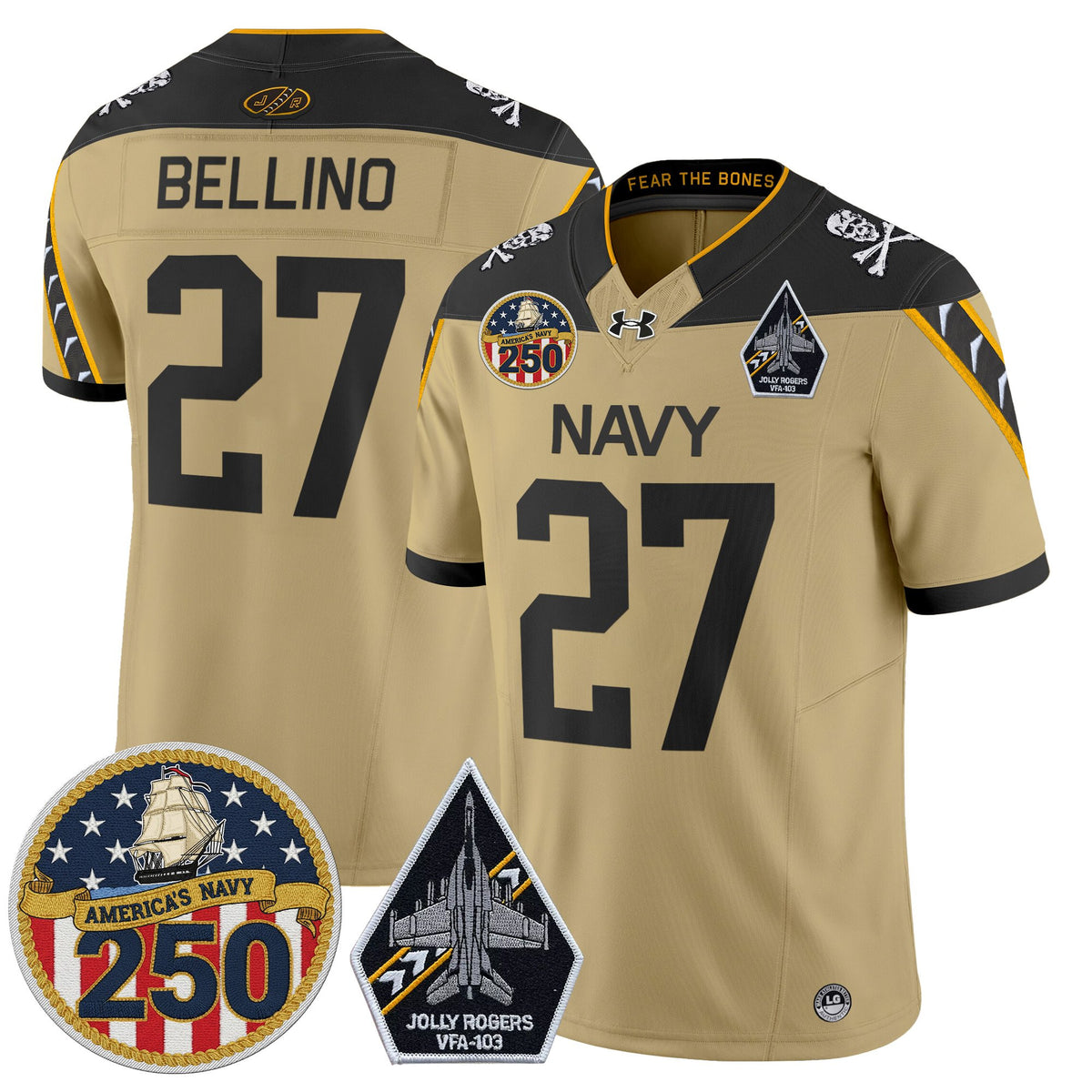 Men's Navy Midshipmen 'Jolly Rogers Edition' Vapor Limited Jersey - 250th Anniversary Patch - All Stitched