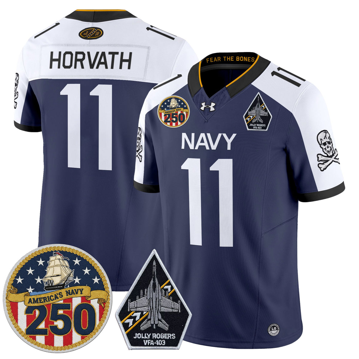 Men's Navy Midshipmen 'Jolly Rogers Edition' Vapor Limited Jersey - 250th Anniversary Patch - All Stitched