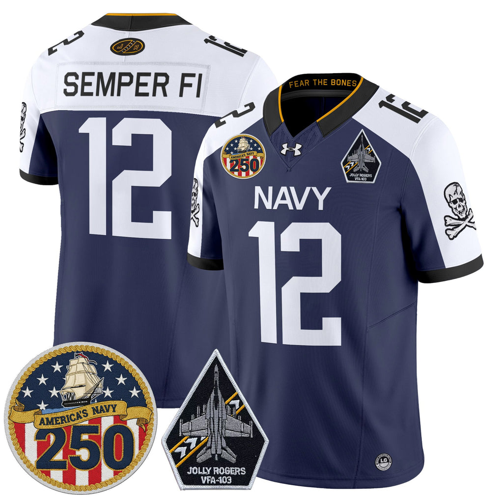 Men's Navy Midshipmen 'Jolly Rogers Edition' Vapor Limited Jersey - 250th Anniversary Patch - All Stitched
