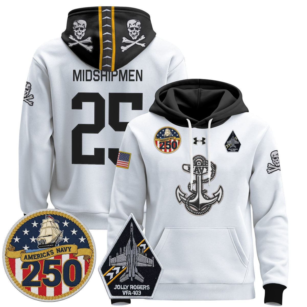 Men's Navy Midshipmen 'Jolly Rogers Edition' Pullover Hoodie - 250th Anniversary Patch - Stitched