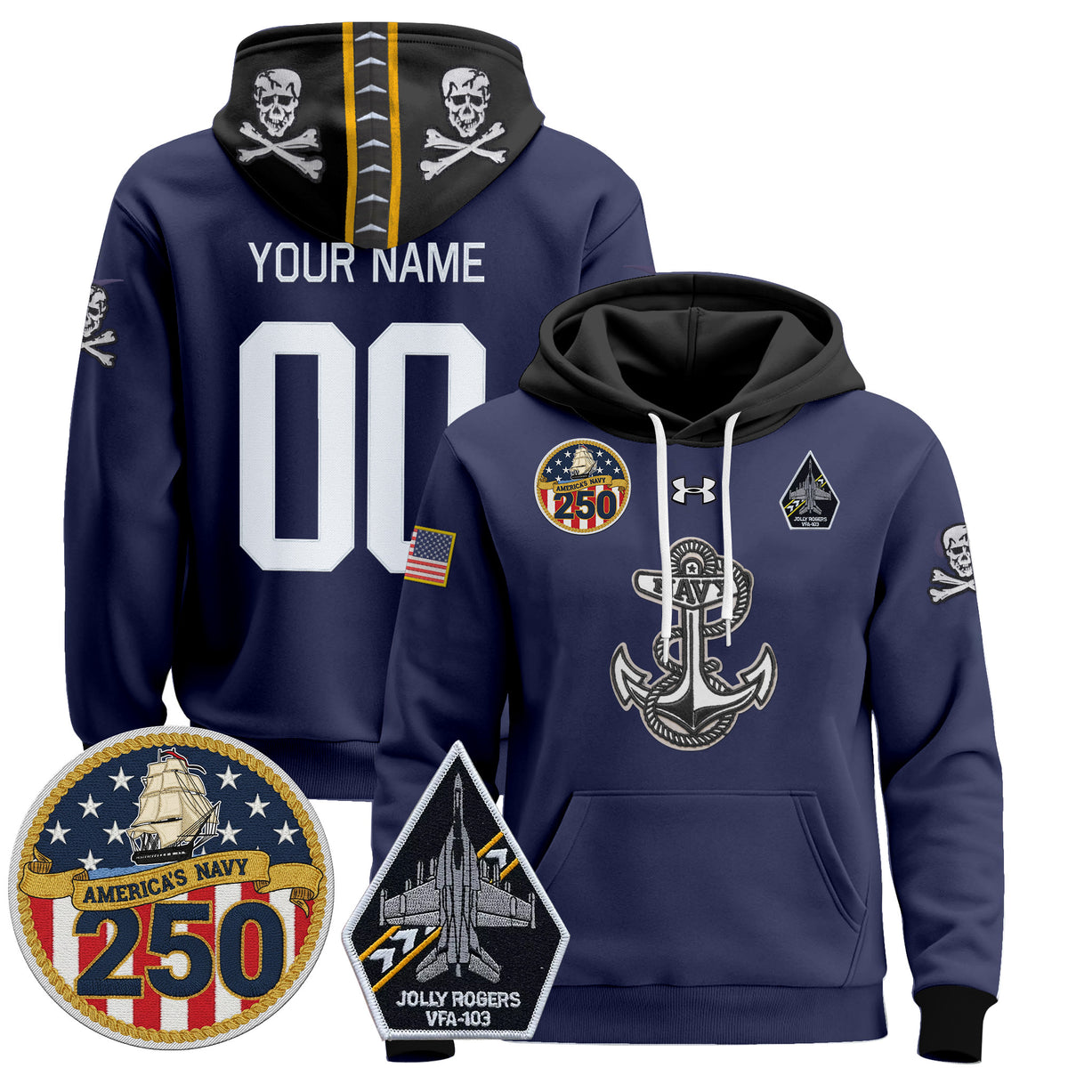Navy Midshipmen 'Jolly Rogers Edition' Custom Pullover Hoodie - 250th Anniversary Patch - Stitched