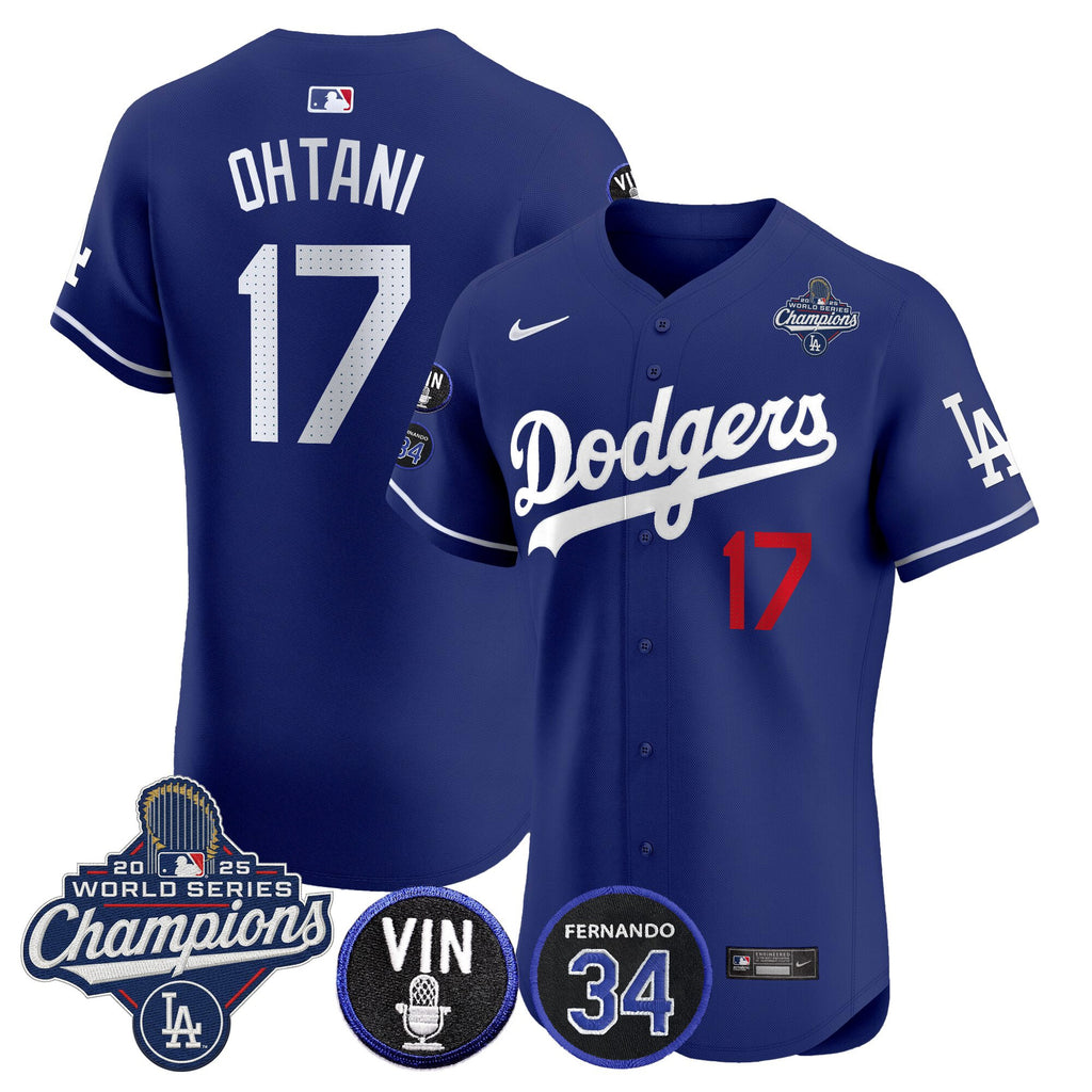Men's Dodgers 2025 World Series Champions Vapor Premier Elite Jersey - Vin Scully & Fernando Patch - All Stitched
