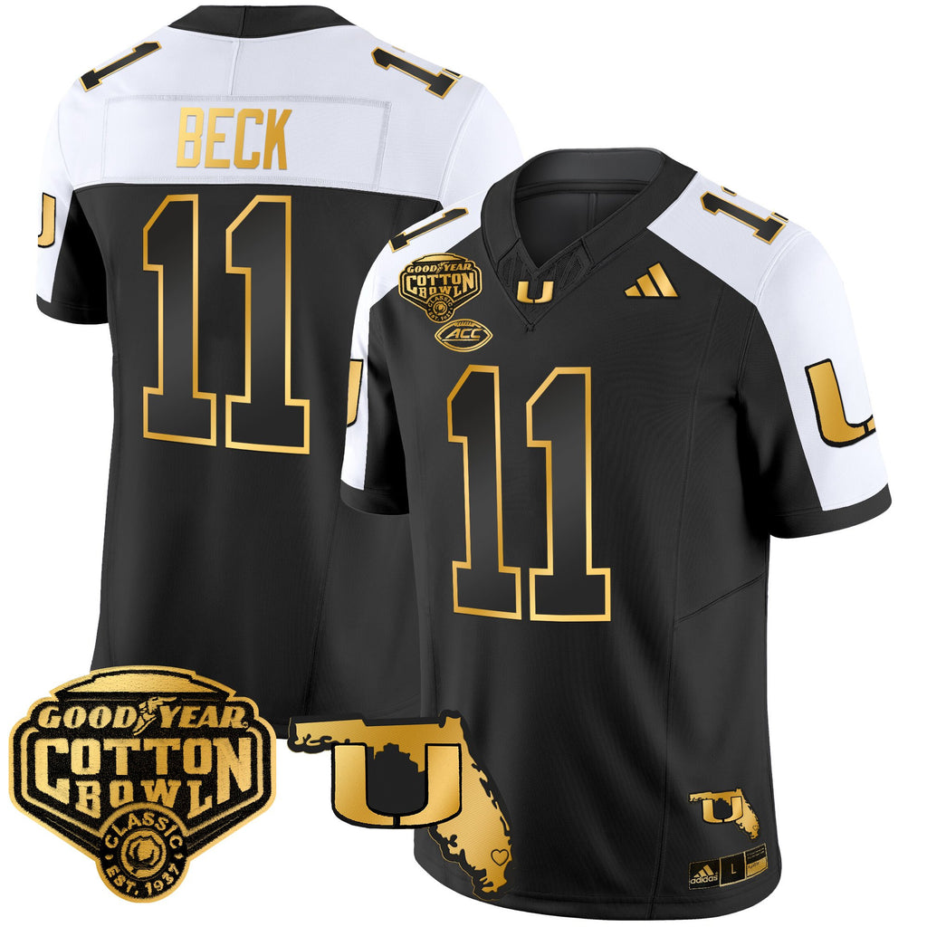 Men's Miami Hurricanes 2025/26 Cotton Bowl & Florida Patch Gold Vapor Limited Jersey - All Stitched