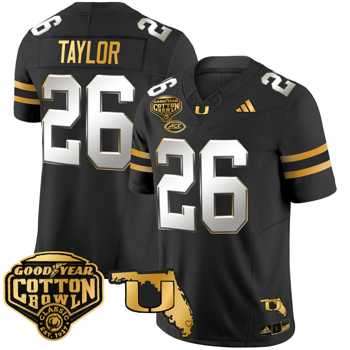 Men's Miami Hurricanes 2025/26 Cotton Bowl & Florida Patch Gold Vapor Limited Jersey - All Stitched