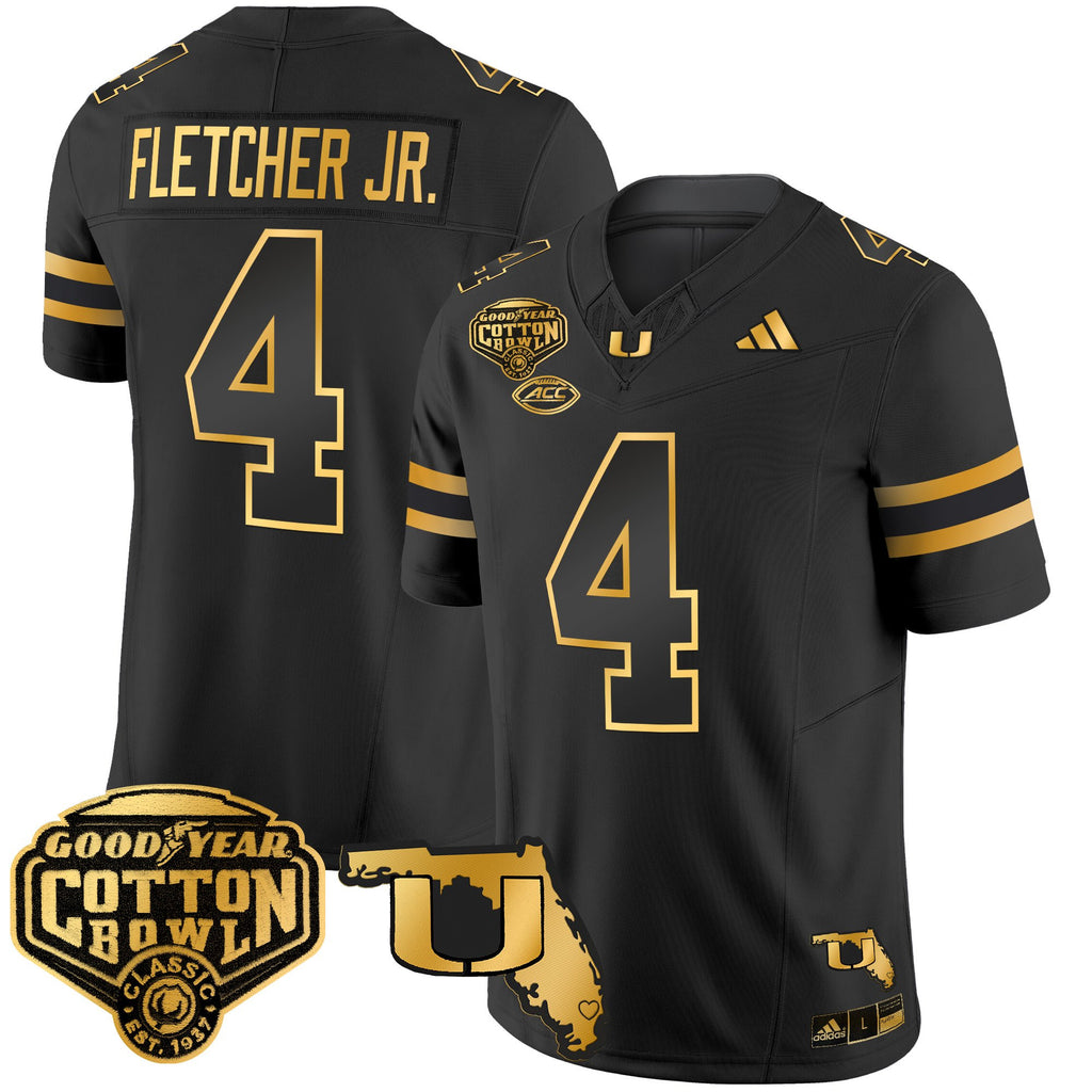 Men's Miami Hurricanes 2025/26 Cotton Bowl & Florida Patch Gold Vapor Limited Jersey - All Stitched
