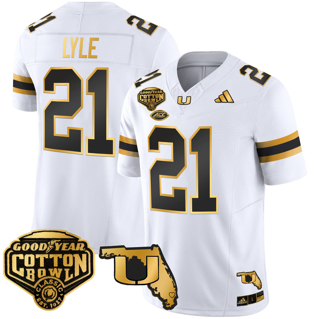 Men's Miami Hurricanes 2025/26 Cotton Bowl & Florida Patch Gold Vapor Limited Jersey - All Stitched