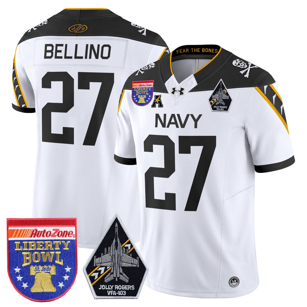 Men's Navy Midshipmen 'Jolly Rogers Edition' Vapor Limited Jersey - 2026 Liberty Bowl Patch - All Stitched
