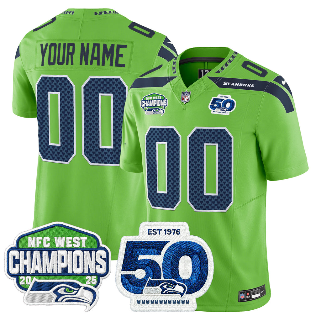 Seattle Seahawks 2025 NFC West Division Champions & 50th Anniversary Patch Vapor Limited Custom Jersey - All Stitched