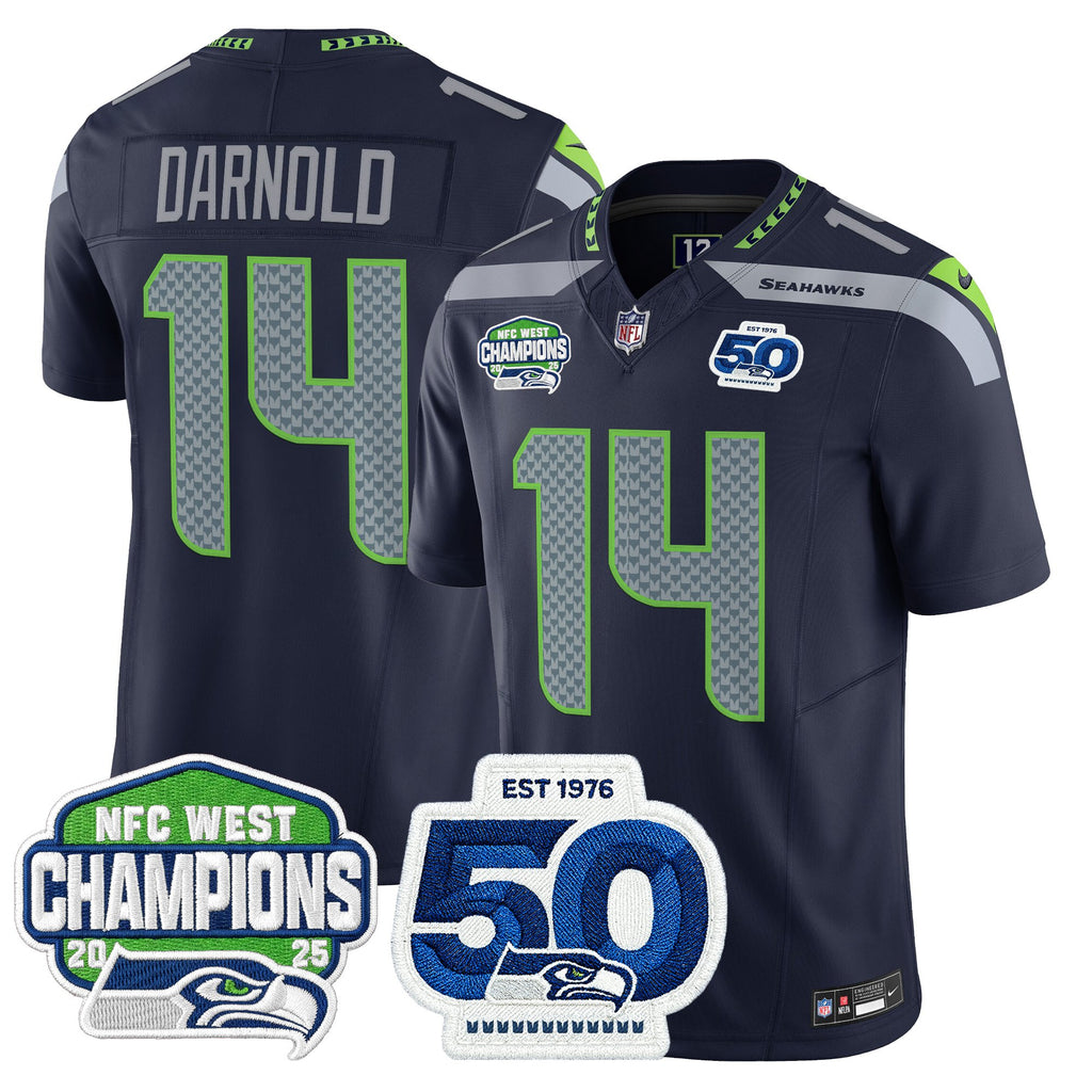 Men's Seattle Seahawks 2025 NFC West Division Champions & 50th Anniversary Patch Vapor Limited Jersey - All Stitched