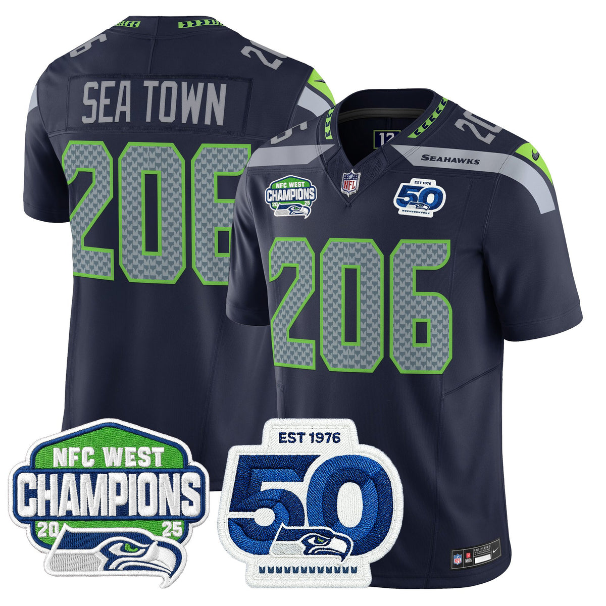 Men's Seattle Seahawks 2025 NFC West Division Champions & 50th Anniversary Patch Vapor Limited Jersey - All Stitched