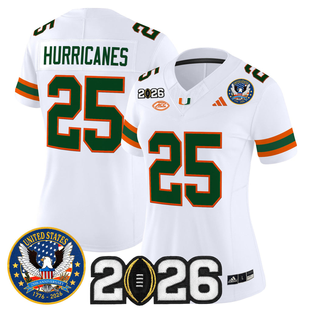 Women's Miami Hurricanes "United States 250th Anniversary & 2026 CFP Final Patch" Vapor Limited Jersey - All Stitched