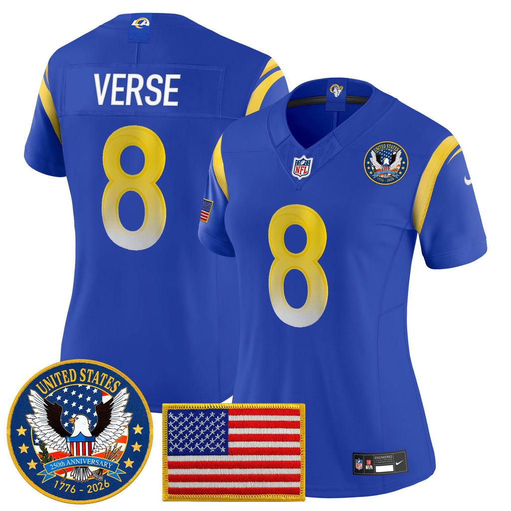 Women's Los Angeles Rams 2025 "United States 250th Anniversary Patch" Vapor Limited Jersey - All Stitched