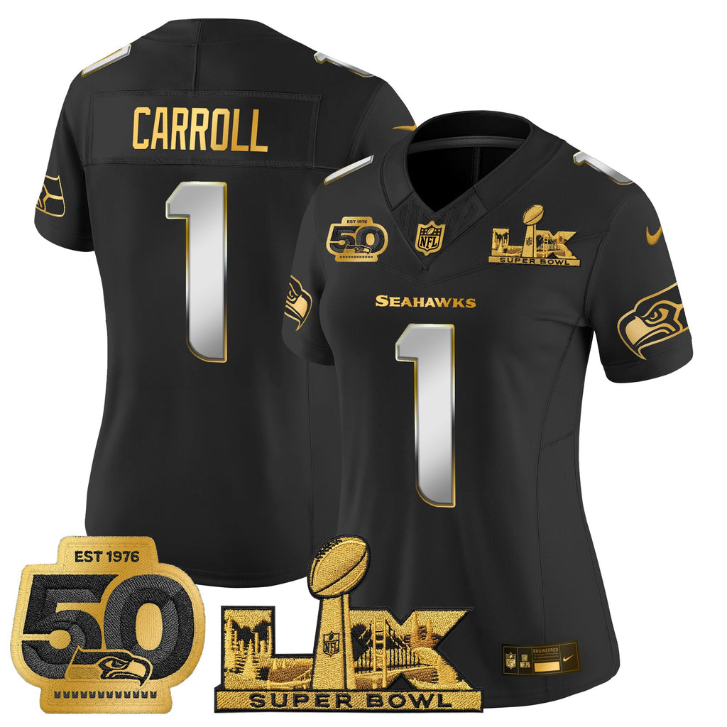Women's Seattle Seahawks "Super Bowl LX & 50th Patch" Gold Vapor Limited Jersey - All Stitched