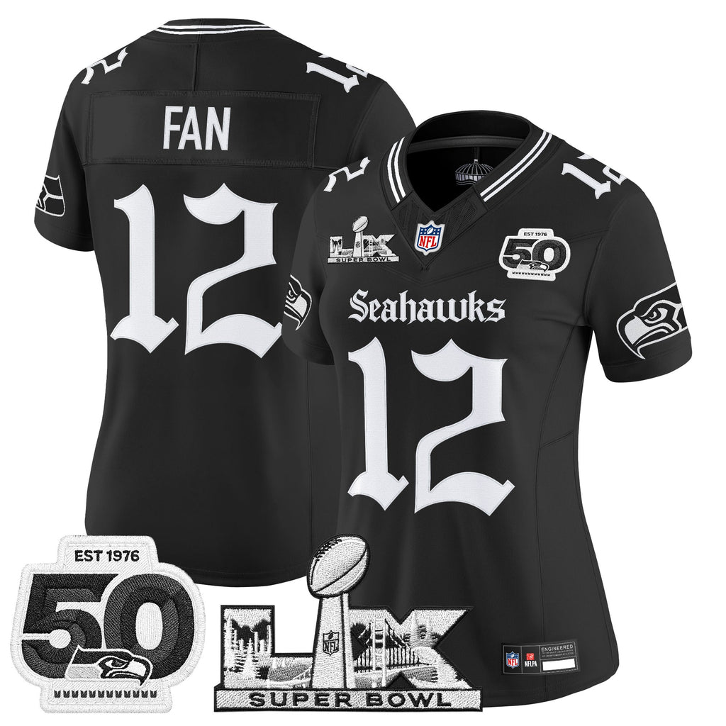 Women's Seattle Seahawks "Super Bowl LX & 50th Patch" Vapor Limited Jersey - Gothic Edition - All Stitched