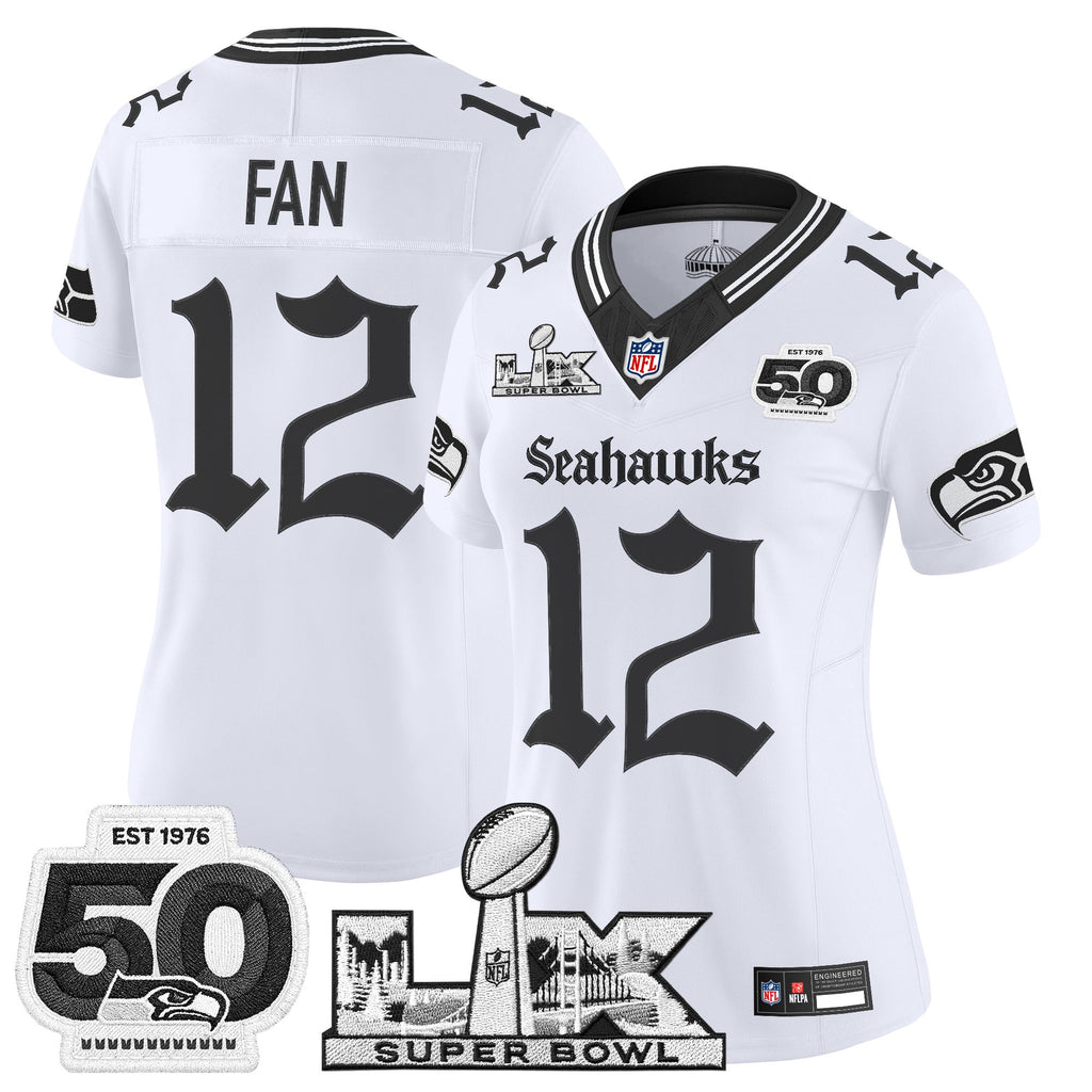 Women's Seattle Seahawks "Super Bowl LX & 50th Patch" Vapor Limited Jersey - Gothic Edition - All Stitched