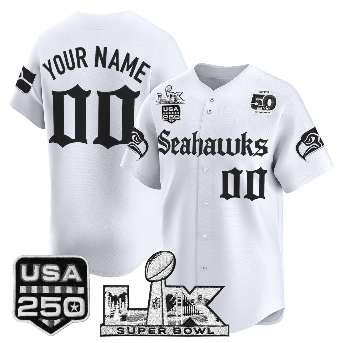 Seattle Seahawks “Super Bowl LX & 50th Patch” Vapor Baseball Custom Jersey - Gothic Edition - All Stitched